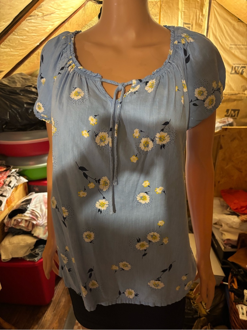 Women’s Light Blue Floral Tie-Neck Peasant Top St. John’s Bay Size M